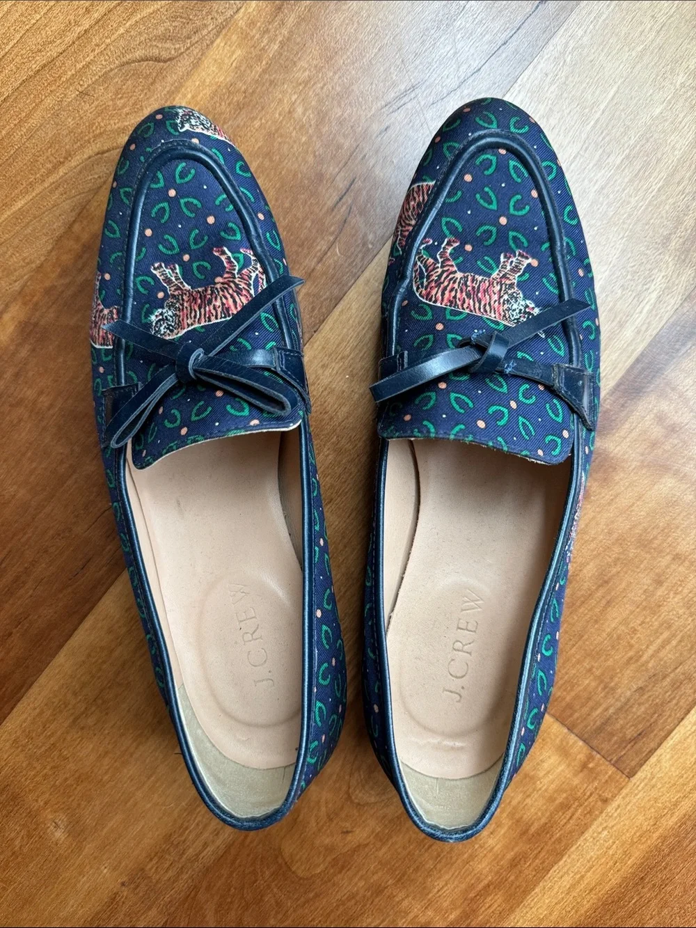 J. Crew Navy Loafers with Tiger Print and Green Accents